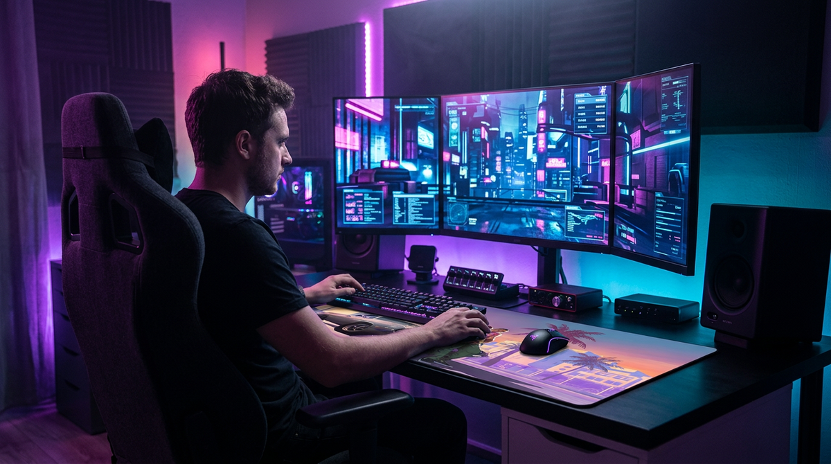 Tapis de Souris XXL "Vice City" – Grand Tapis de Bureau Gaming Rétro Palmiers & Voiture Vintage