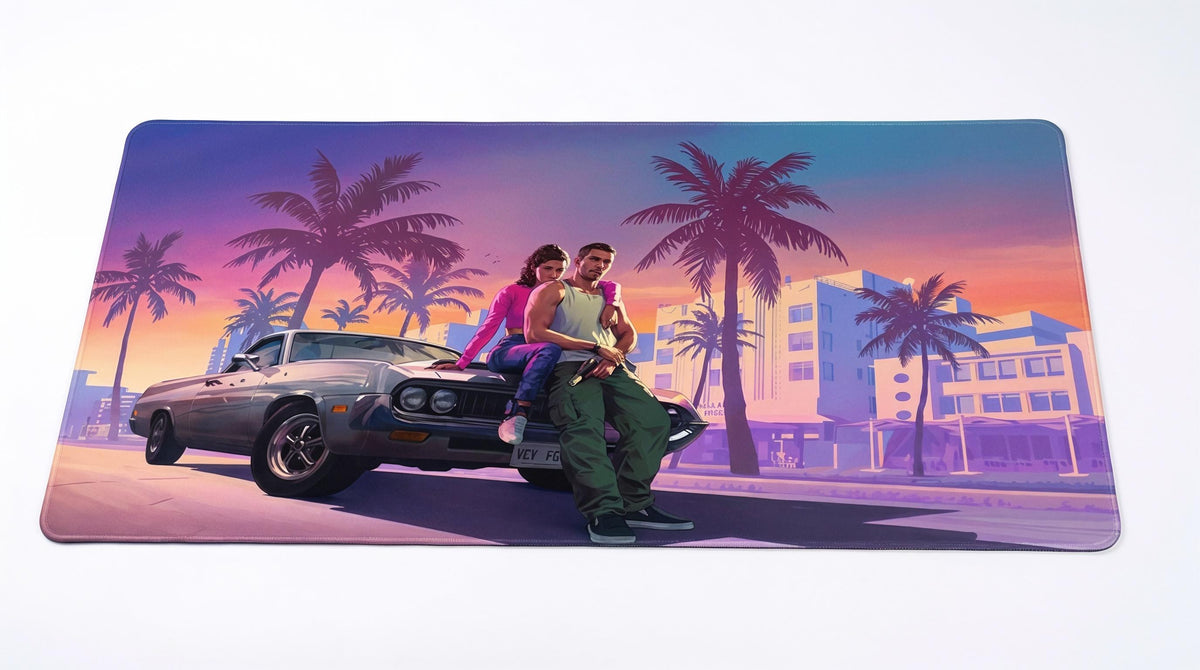 Tapis de Souris XXL "Vice City" – Grand Tapis de Bureau Gaming Rétro Palmiers & Voiture Vintage