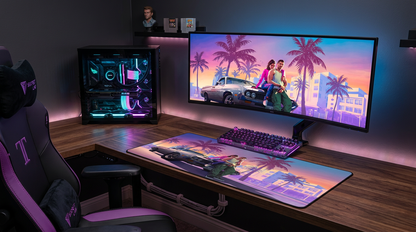 Tapis de Souris XXL "Vice City" – Grand Tapis de Bureau Gaming Rétro Palmiers & Voiture Vintage