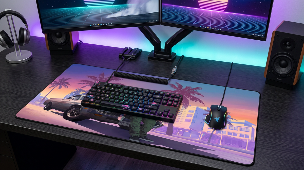Tapis de Souris XXL "Vice City" – Grand Tapis de Bureau Gaming Rétro Palmiers & Voiture Vintage