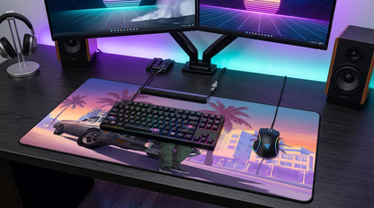 Tapis de Souris XXL "Vice City" – Grand Tapis de Bureau Gaming Rétro Palmiers & Voiture Vintage