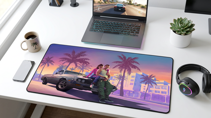 Tapis de Souris XXL "Vice City" – Grand Tapis de Bureau Gaming Rétro Palmiers & Voiture Vintage